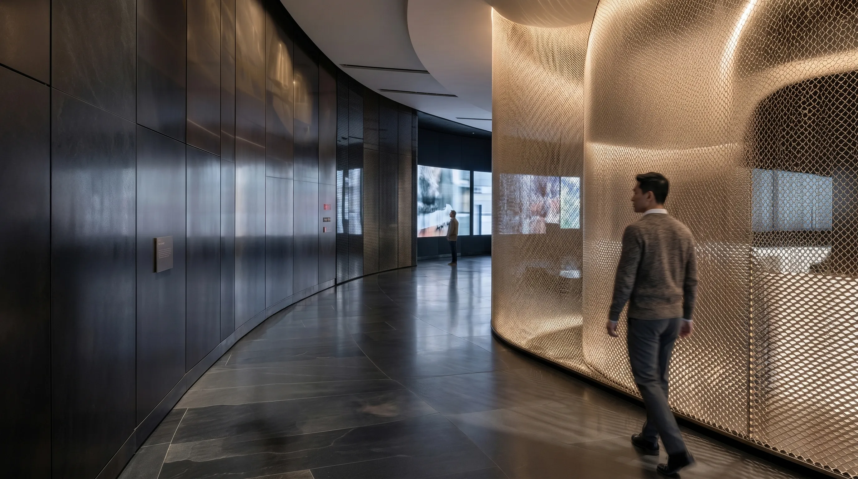 Curved gallery corridor with a dark metal-panel wall and a backlit perforated-bronze mesh screen
