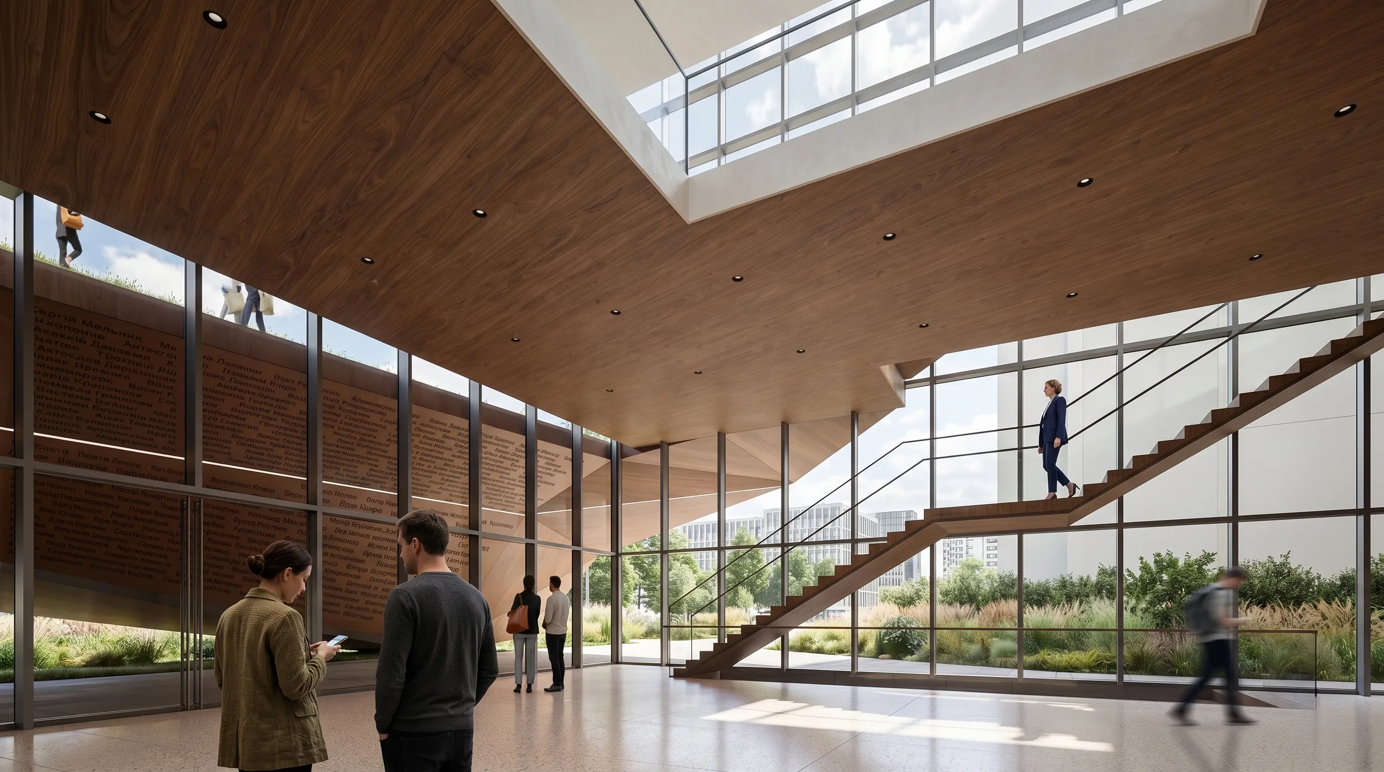 University atrium with a walnut wood ceiling, a memorial wall etched with names, and a skylit staircase in Irpin, Ukraine