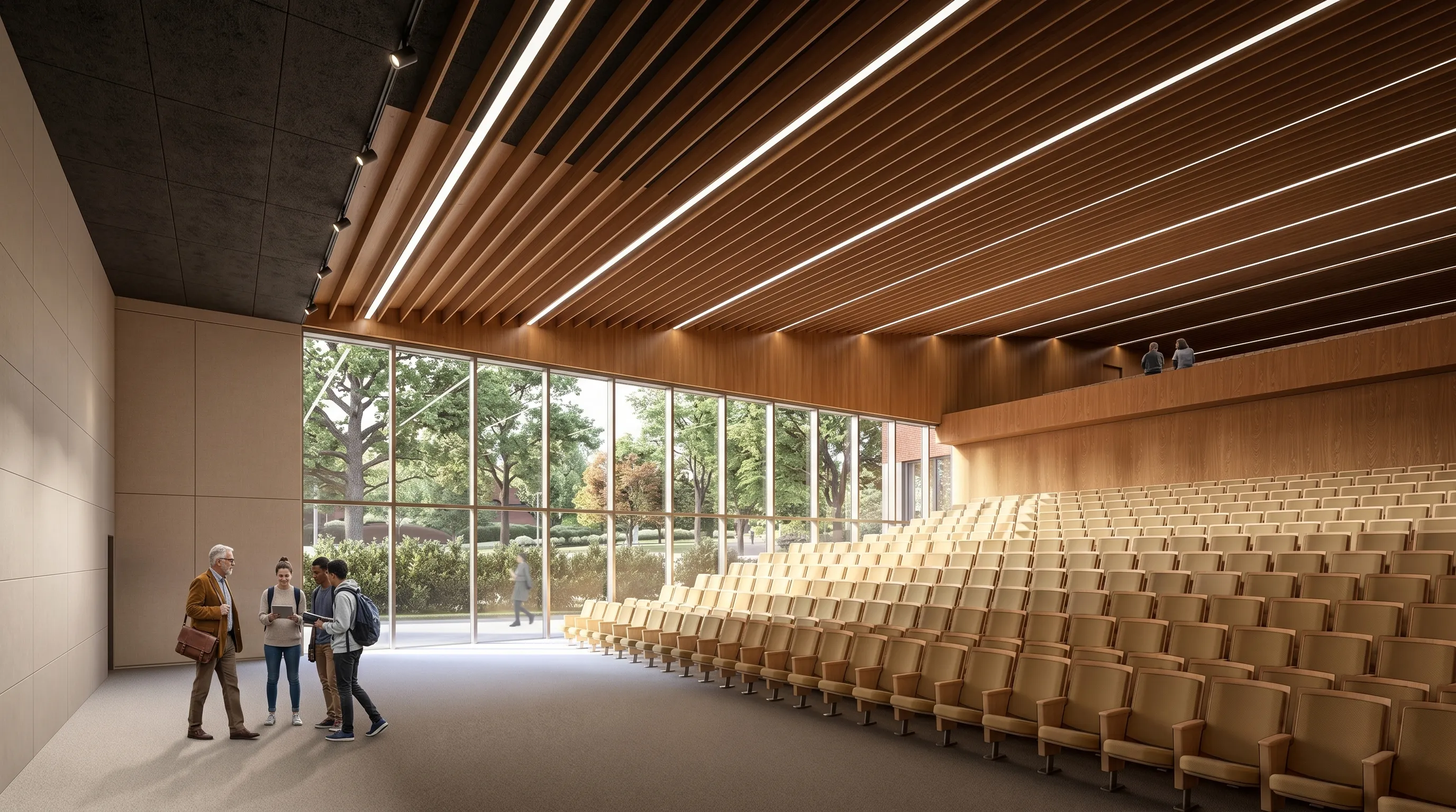 University auditorium with a wood-slat ceiling, light wood seating, and full-height windows onto trees in Irpin, Ukraine