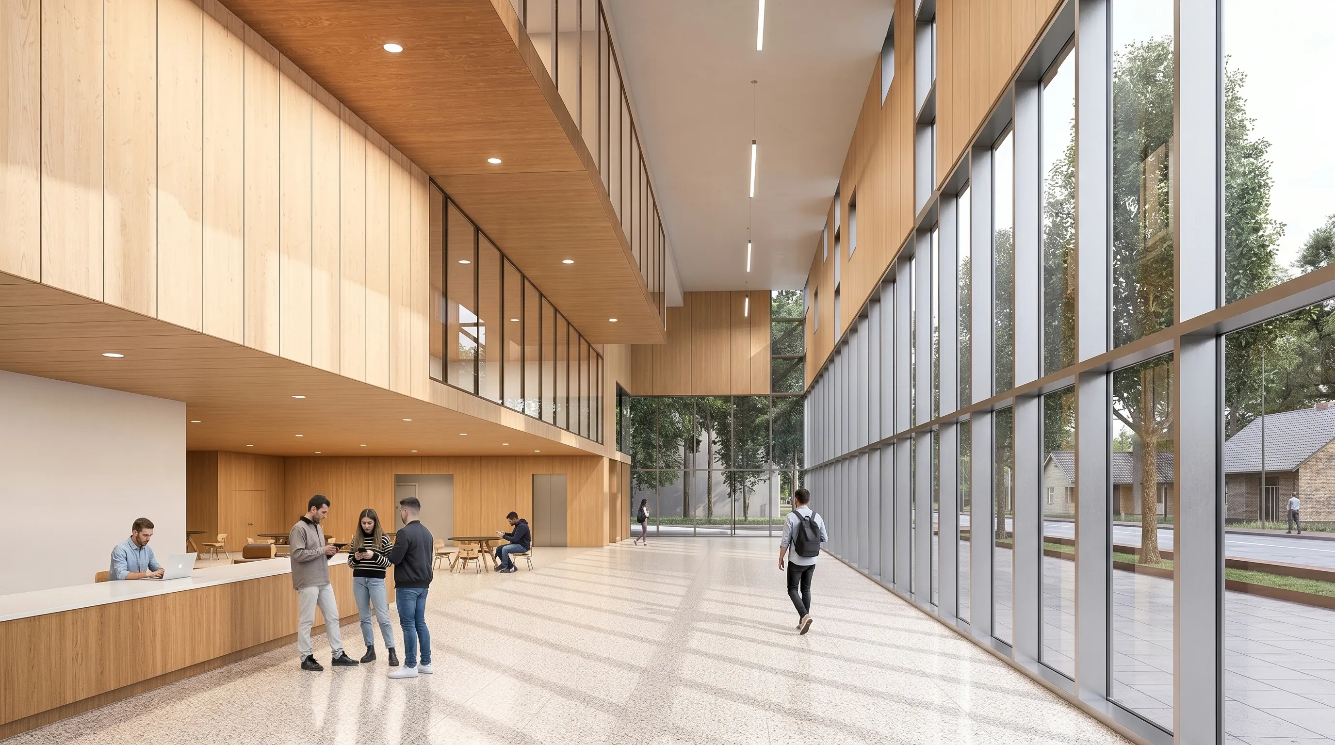 Double-height university lobby with light wood-paneled walls, a reception desk, and full-height glazing in Irpin, Ukraine