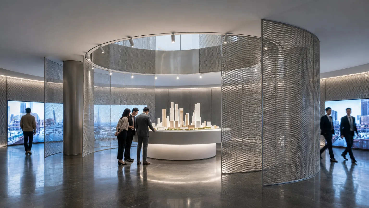 Exhibition center with a curved metal-mesh enclosure around a lit display model of a city skyline